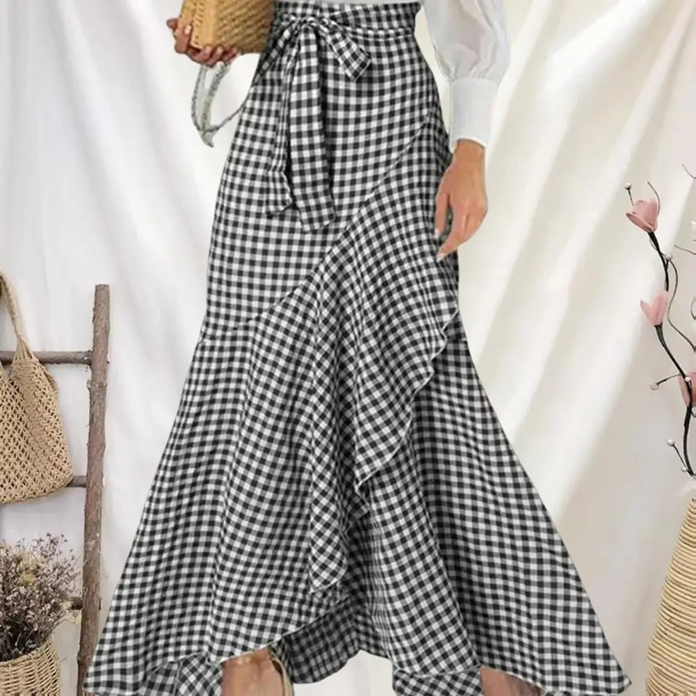 Women Summer Maxi Skirt Elegant Lace-up Ruffle Trim Maxi Skirt with Plaid Print Bow Tie Detail High Waist Irregular for Women 240806