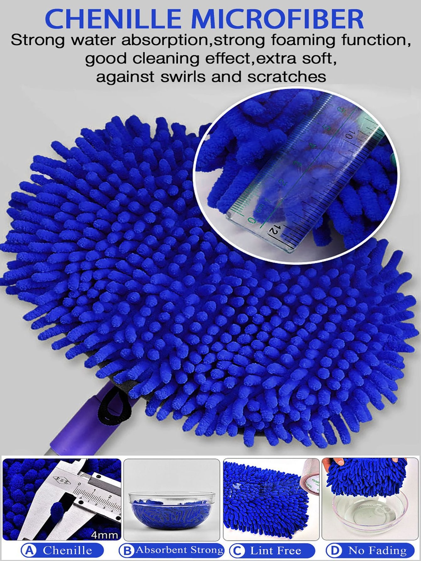 4-section detachable car wash mop with a chenille brush head. Retractable car cleaning mop