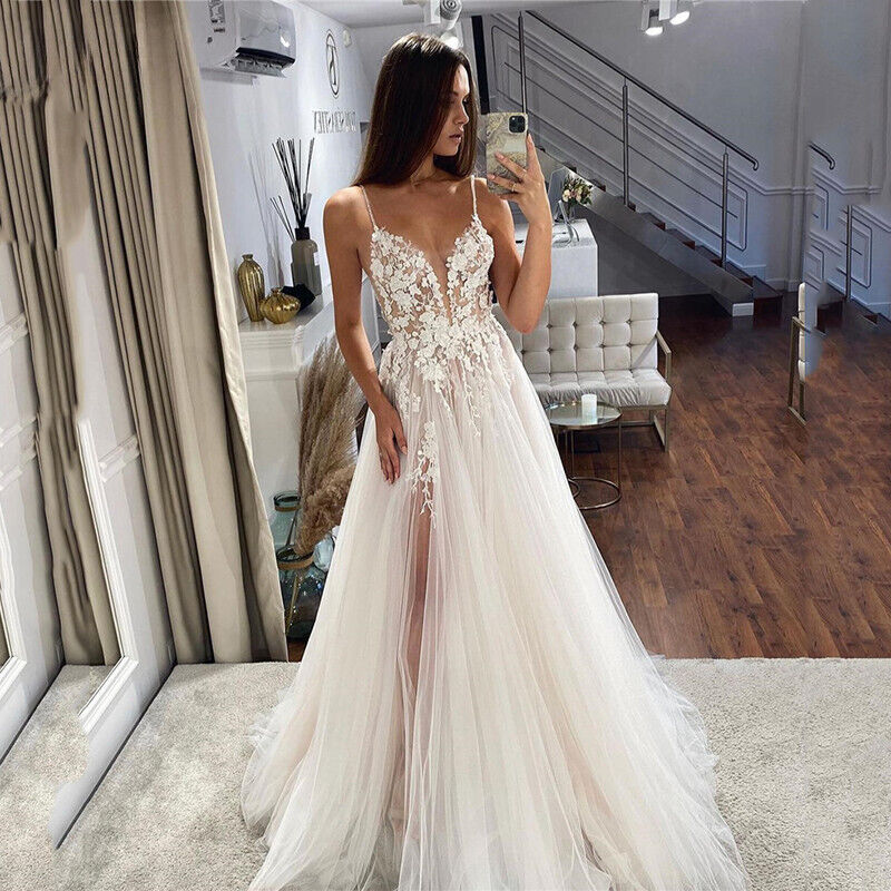 Floral Sleeveless Lace Applique Wedding Dress with Side Slit Beach Bridal Gowns Boho Bridal Gown Vestido De Novia