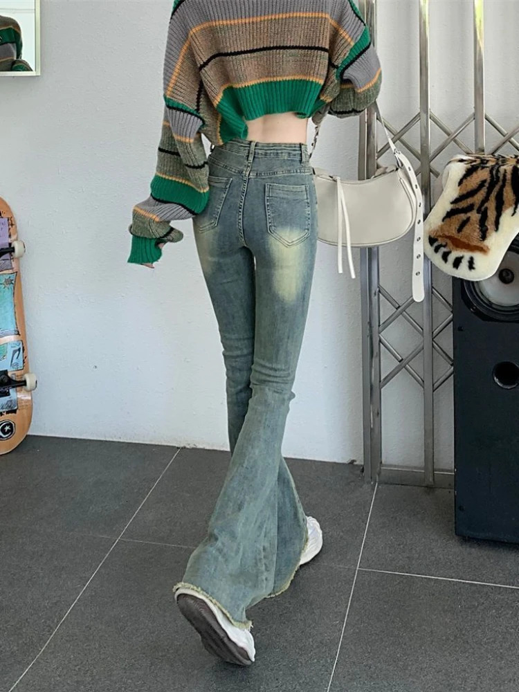 Flare Jeans Women Skinny High Waist Aesthetic Y2k Clothes Denim Trousers Vintage Washed Retro Mopping Korean Strt Z260313