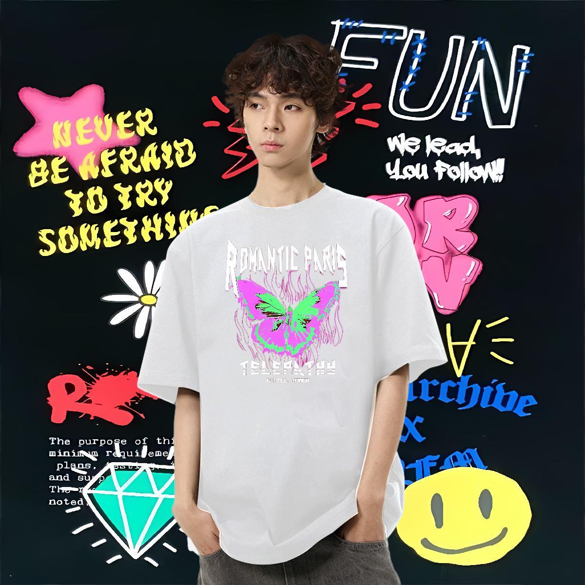 Classic Mens T Shirts 230g 100% Cotton Butterfly Anime Printing Street Clothings Breathable Crew Neck Cool Men Clothes T-Shirt DIY