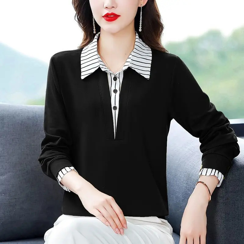 Spring Summer Tee Shirt Womens Clothing Long Sleeve Loose Turn-down Collar Striped Button Patchwork Elegant Fashion Casual Tops 240806