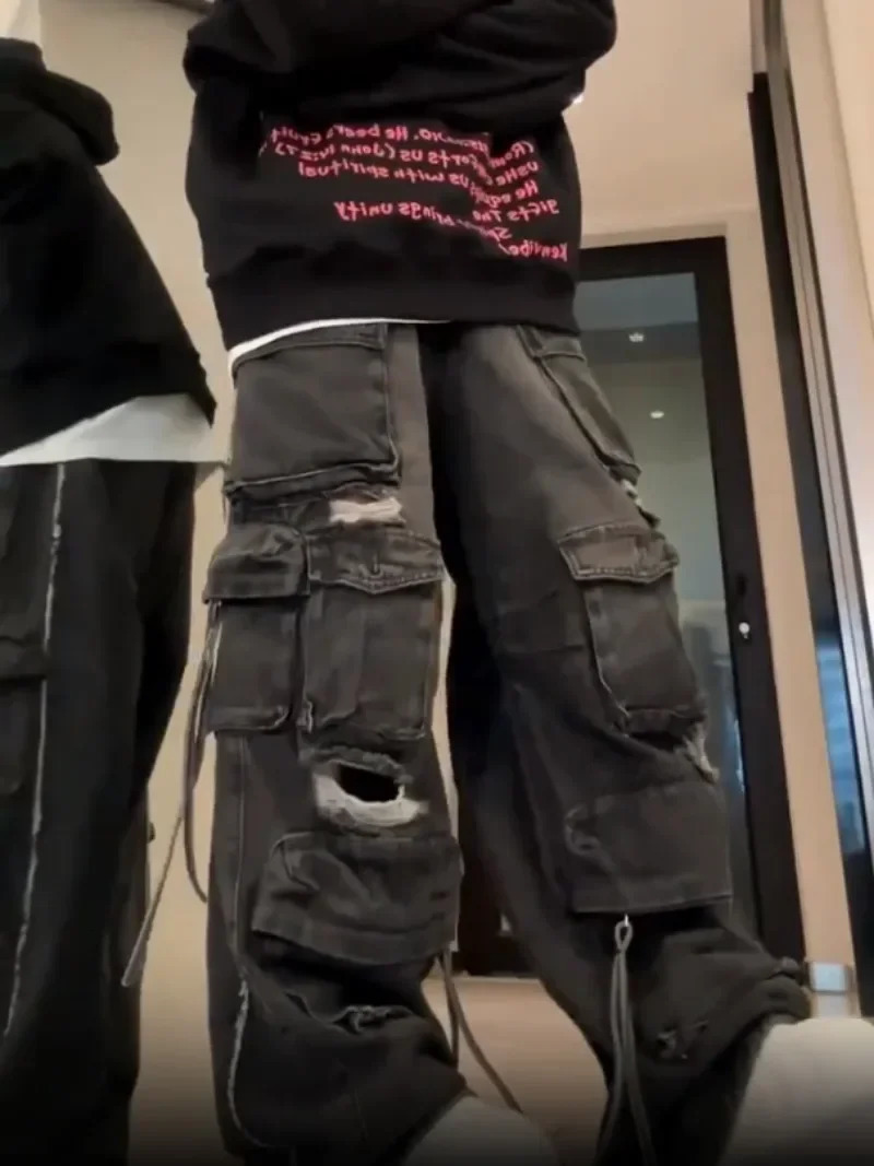 2000s Harajuku ripped multi-pocket y2k high-waisted jeans women clothing hip-hop street slim straight wide-leg cargo baggy pants 240806