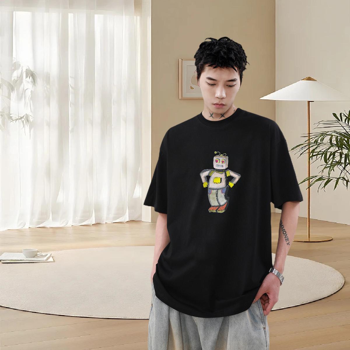 Unisex Men Tees 230g 100% Cotton Spring Summer robot Cartoon Print Breathable Short Sleeve Classic Casual T Shirt For Man Tee Shirt