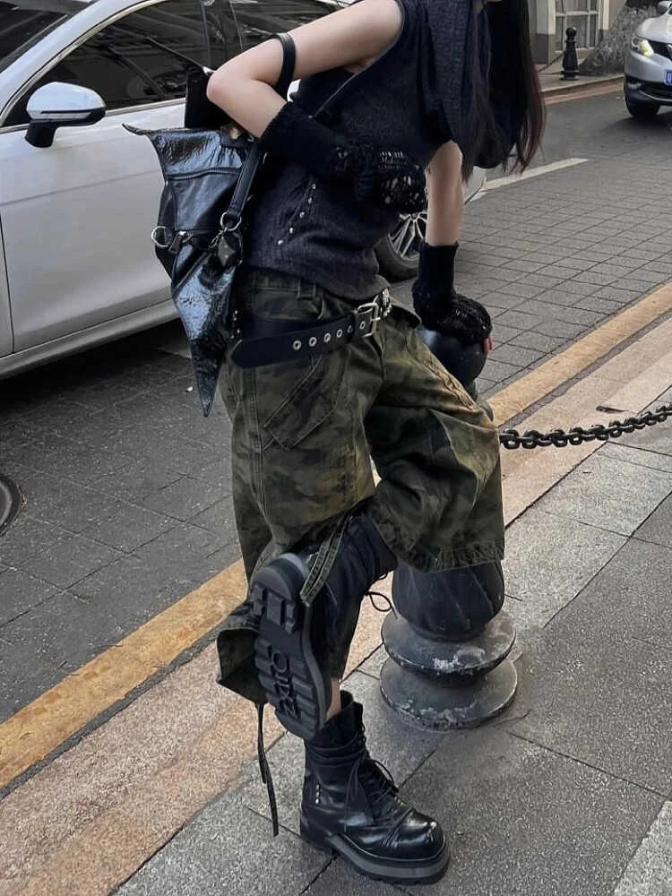 Summer Women American Vintage Japanese 2000s Camo Jorts Jean Shorts Knee Length Denim Pants Y2k Streetwear Harajuku Punk Baggy 240806