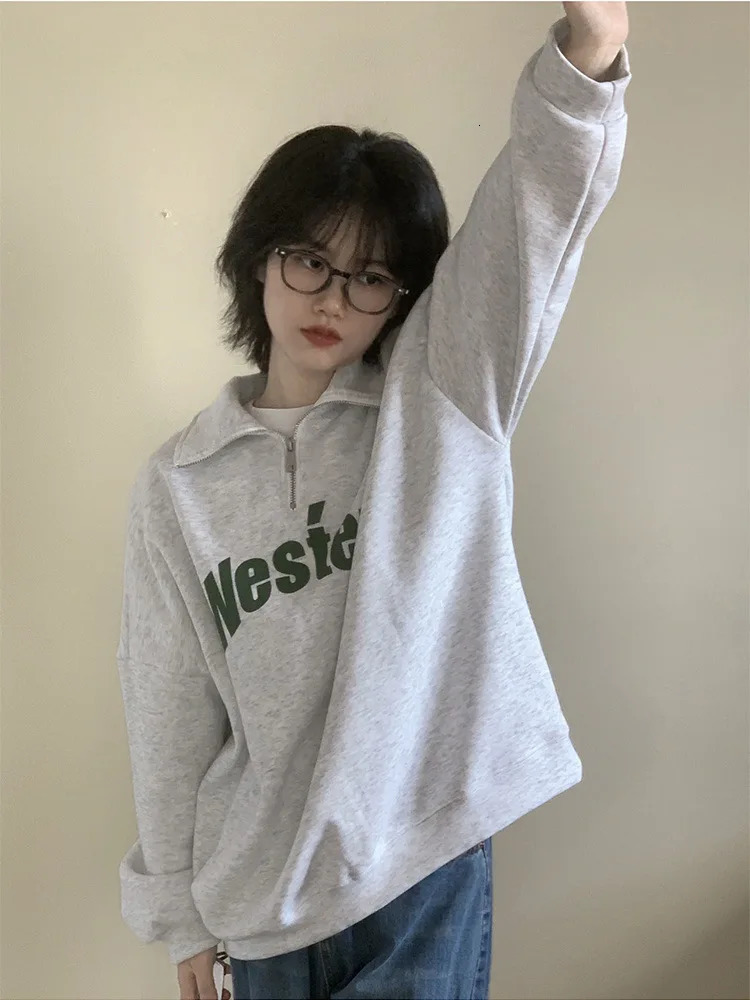 Retro polo collar zipper womens hooded sweatshirt oversized sportswear Korean autumn Y2K letter printed long sleeved T-shirt youth polo shirt 240827