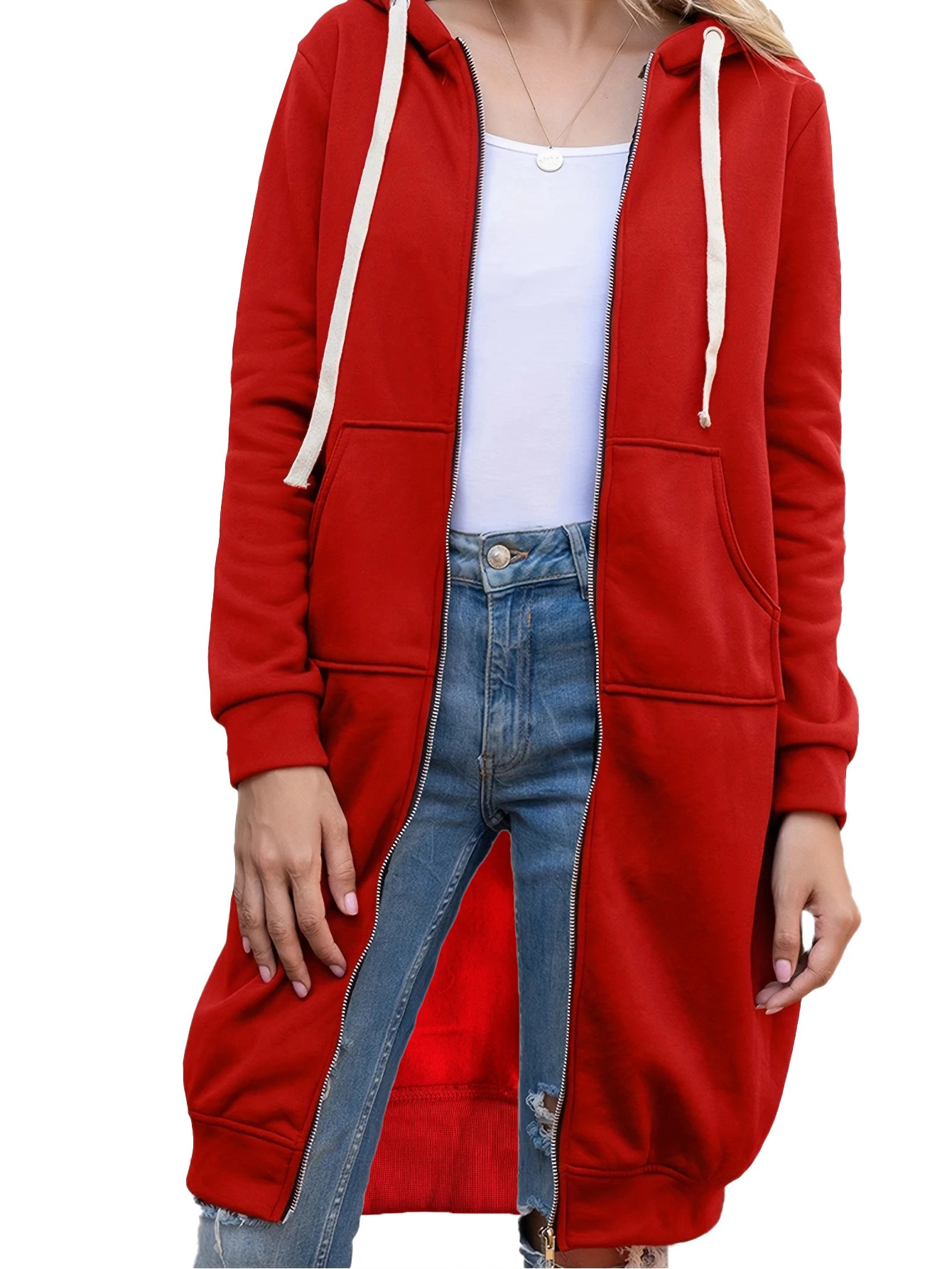 Plus Size Long Hoodies Tunic Fashion Sweatshirts Fleece Knitted Zip Up Jackets With Pockets For Women 240806