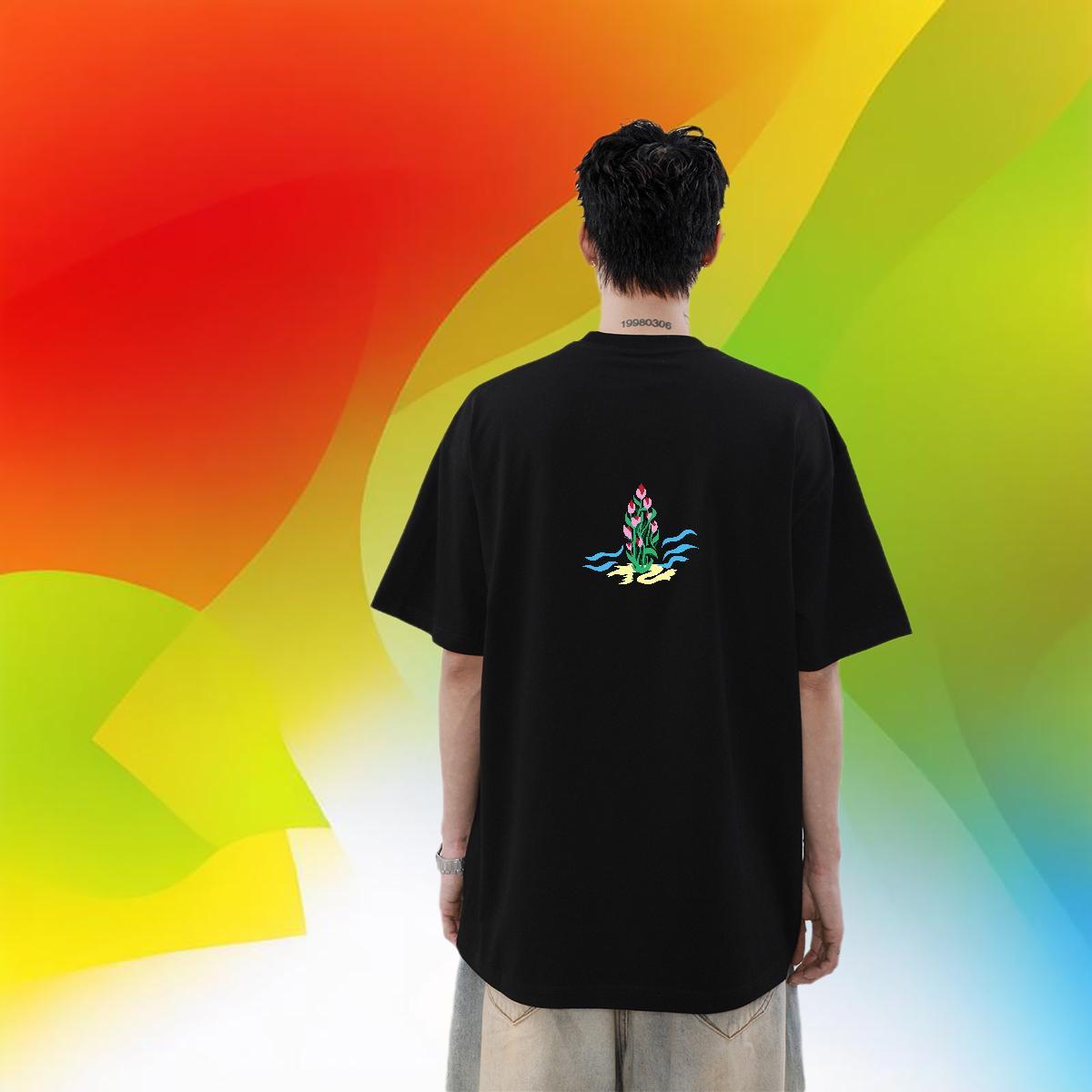 Brand T-Shirts 230g Pure Cotton flower Street wear Hip Hop Tops Tees Breathable Short Sleeve Cool Tshirts DIY Anime