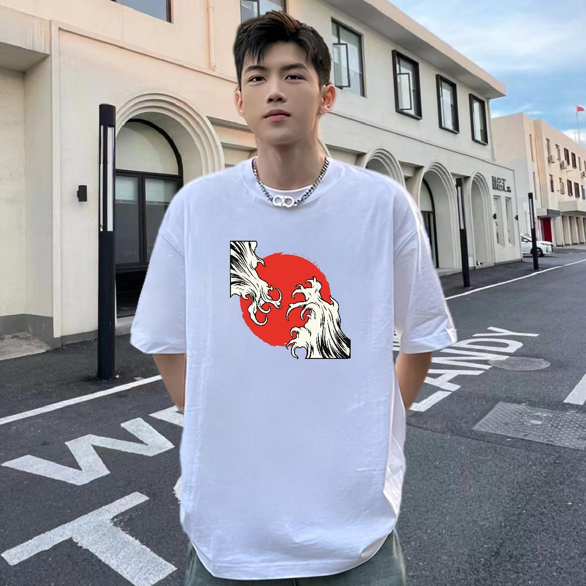 Fashion Casual T-Shirts for Men sea wave Tops Tees 230g 100% Cotton Street Wear Comfortable White Plus Size O-Neck Short Sleeve Tshirt for Man Woman