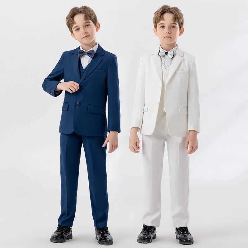 Suits Children White Red Blue Piano Party Dress Kids Jacket Vest Pants Bowtie 4PCS Ceremony Photograph Suit Boys Performance Costume