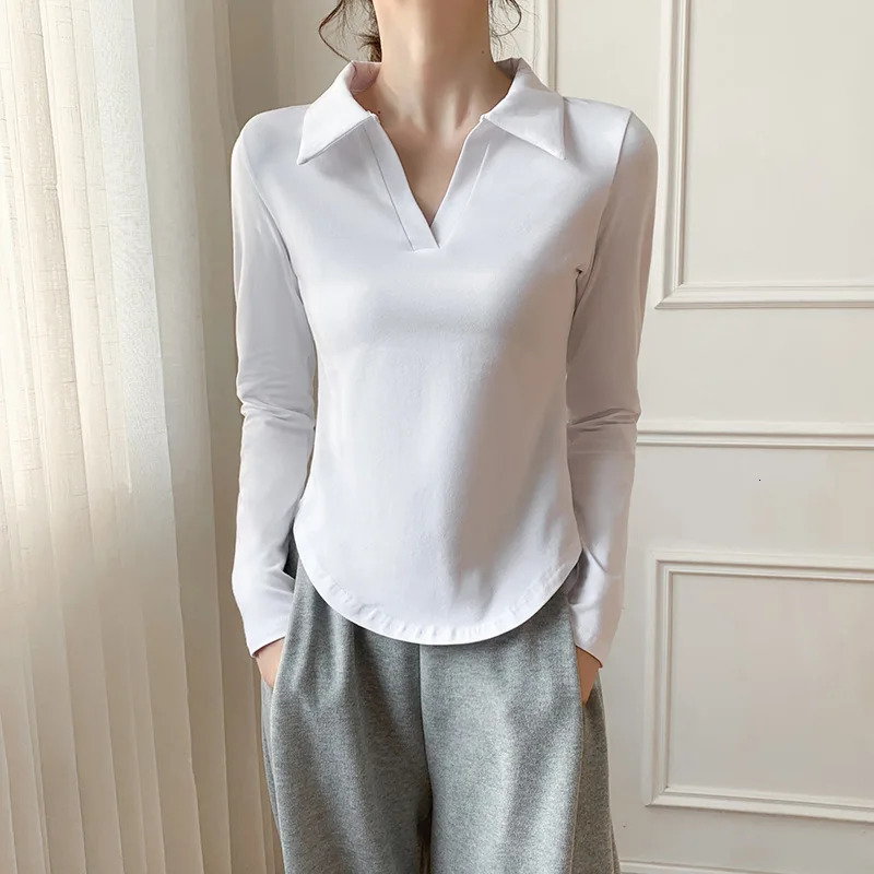 autumn tight fitting long sleeved T-shirt for women cotton lapel polo neck Y2k top for women ultra-thin polo shirt 240827