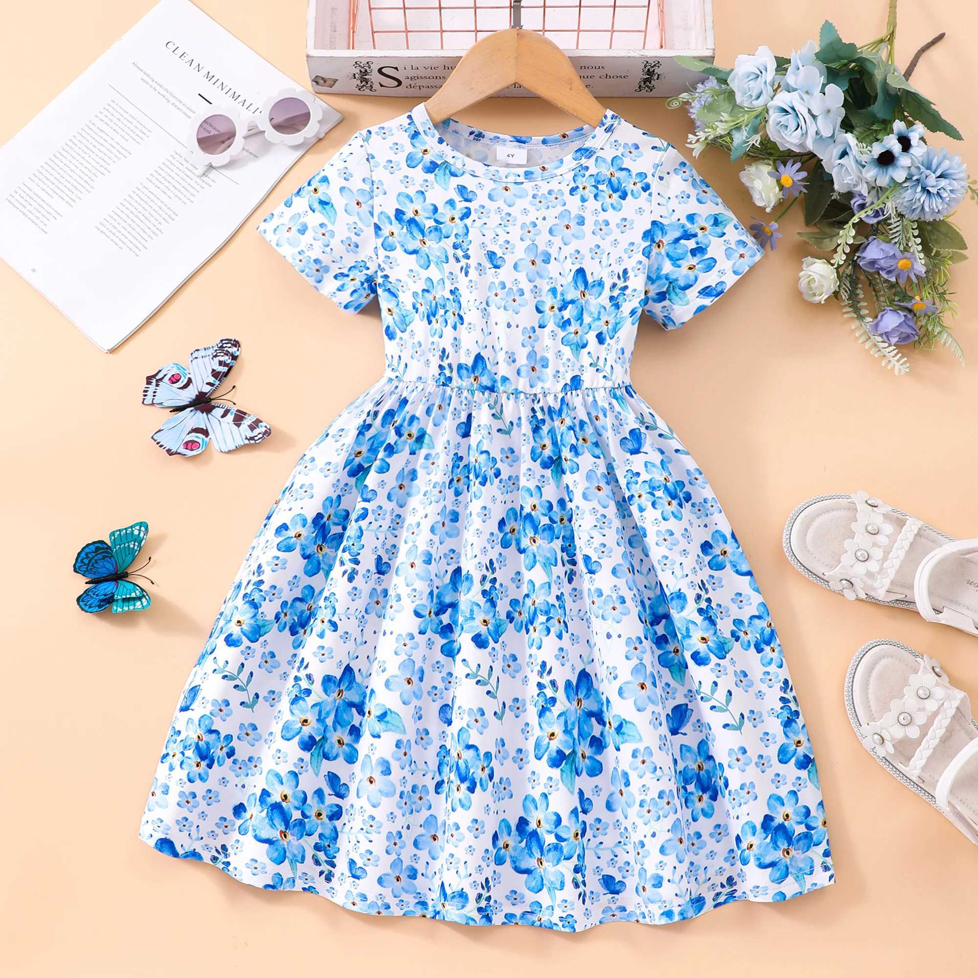 Floral Allover Graphic A-line dress for girls short sleeved casual dress for holidays/summer outingsW240720