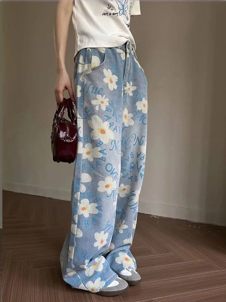 Vintage Baggy Blue Womens Jeans Straight Loose High Waist Trousers Flower Printing Streetwear Fashion Mom Denim Wide Leg Pants 240806