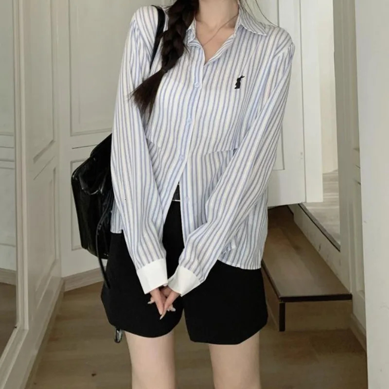 Deeptown Vintage Long Sleeve Striped Shirts Youthful Woman Korean Style Y2k Blouses Japanese Harajuku Fashion Female Tops Summer 240806