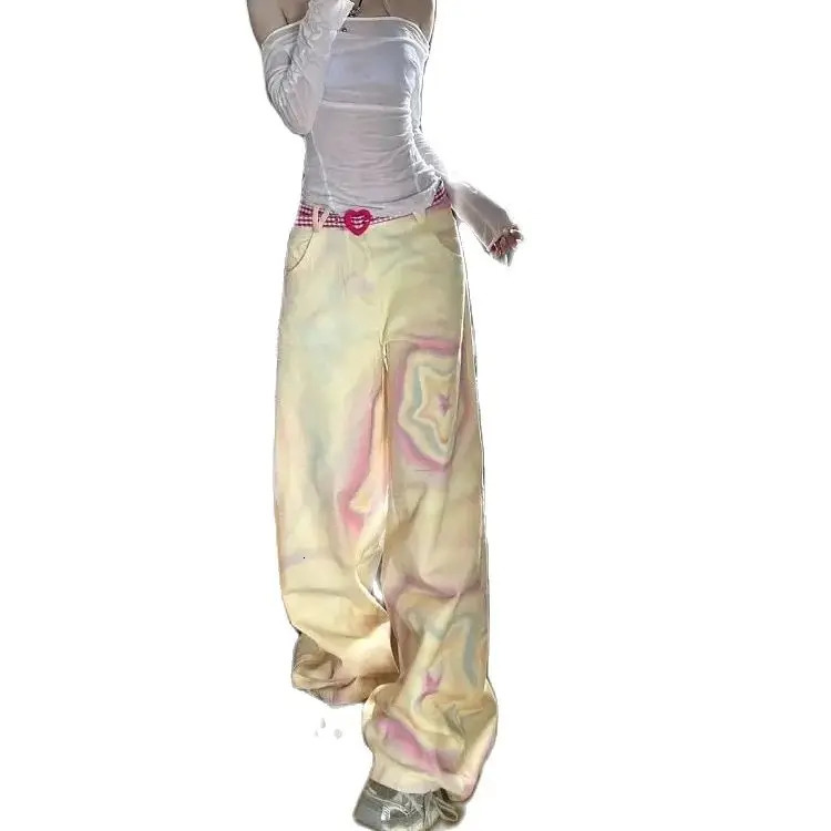 Jeans Star Doodle Yellow Harajuku 90s Aesthetic Baggy Denim Trousers Korean Jean Pants Vintage WomenS Y2k Floor Mopping Pants 240806