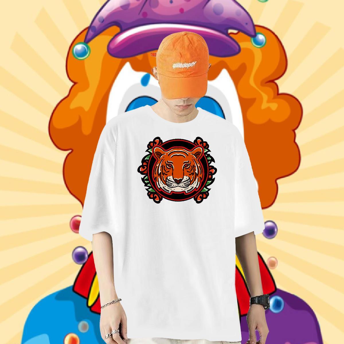 2024 New Man T Shirts 230g 100% Cotton tiger Street Wear Clothes Round Neck Short Sleeve Loose Tshirt for Man Woman Floral Print