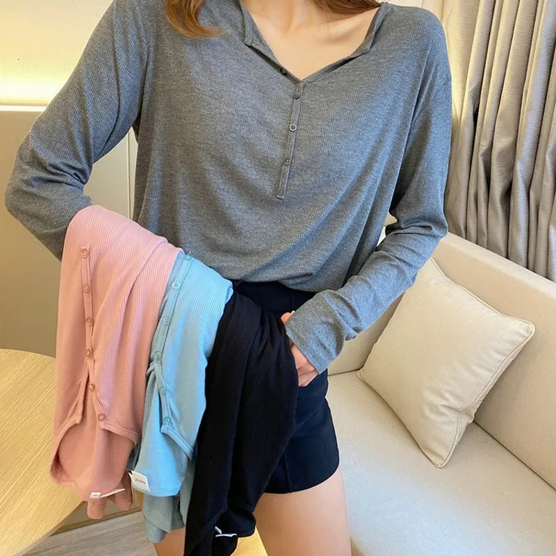 Summer Spring Bottoming Mask Tshirt Rib Cotton T-shirts long sleeves V-neck Buttons Tee tops solid color all match 240806