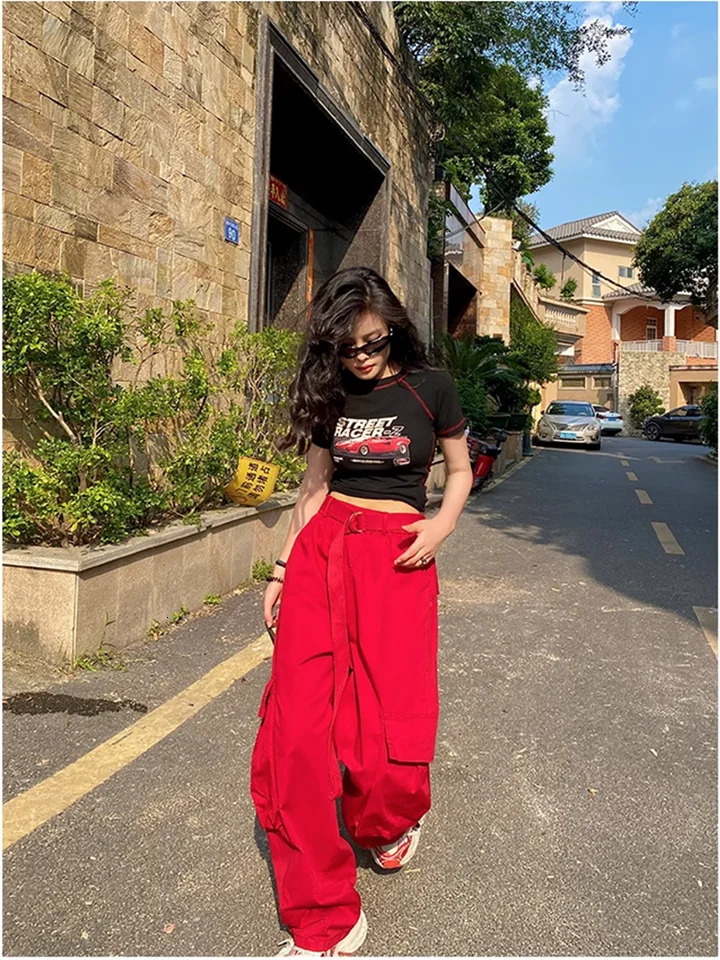 Casual Red Color Women Y2k Street Hip Hop Sweatpants Oversized Trousers Vibe Dance Jazz Long Baggy Cargo Pants Womens Clothing 240806