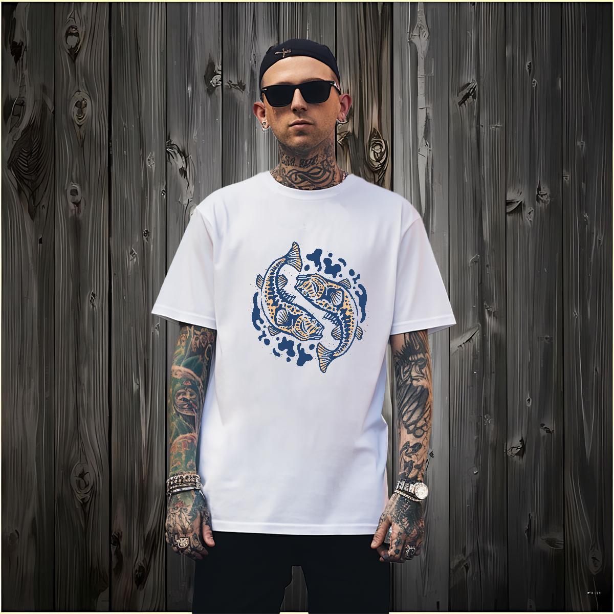 T-Shirts for Men 230g Cotton fish Street Wear Crew Neck Black White Tshirts Classic Casual Soft Tops Tees