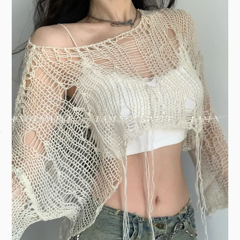 Boho Women Knitted T Shirt Y2k Hollow Out Loose Female Crop Tees Vintage Korean Ripped Long Sleeve All Match Ladies Jumpers 240806