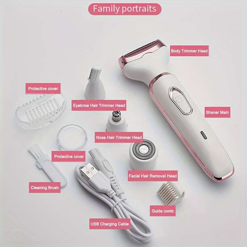 Electric Razor For Women, 4-in-1 Rechargeable grooming kit, Lady Electric Shaver For Face, Nose, Legs And Underarm, Bikini Trimmer For Women Wet & Dry