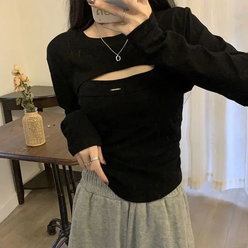 Spring Autumn Slim Solid Color T-Shirts Women High Street Casual Round Neck Long Sleeve Pullovers Elegant All-match Tops 240806