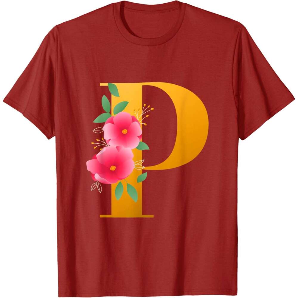 T shirt Mens Floral Alphabet Cute Initial Monogram Letter P Graphic T-Shirt shirts tshirt graphic tee Casual tops summer clothes Short sleeve Free shi