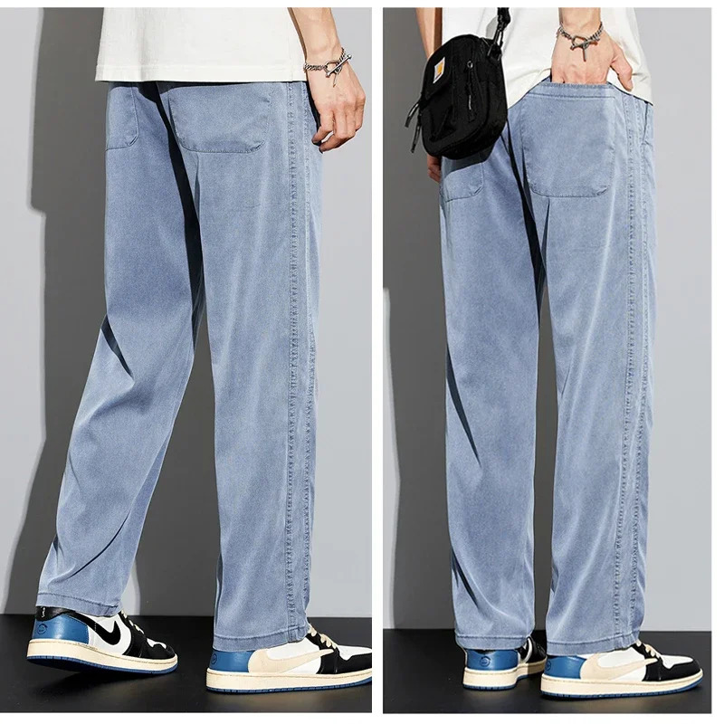 S5XL 6StyleMens Loose Jeans Summer Soft Lyocell Thin Fabric Straight Pants Drawstring Elastic Waist Korea Casual TrousersY2K 240806