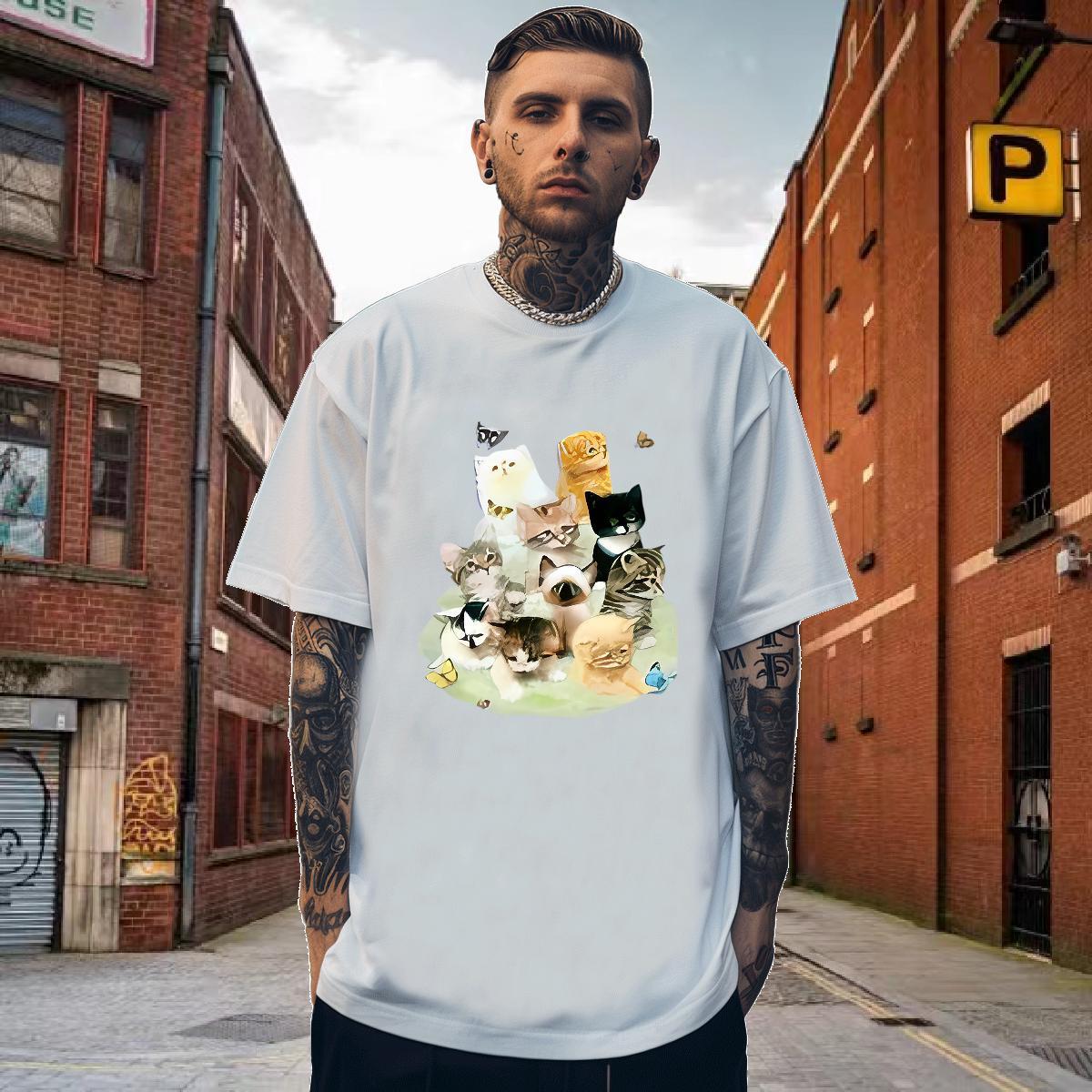 T Shirts Men 230g Pure Cotton cat Hip Hop Breathable Short Sleeve Plus Size Custom Men Tshirts 2024 New Wholesale Tops Shirt