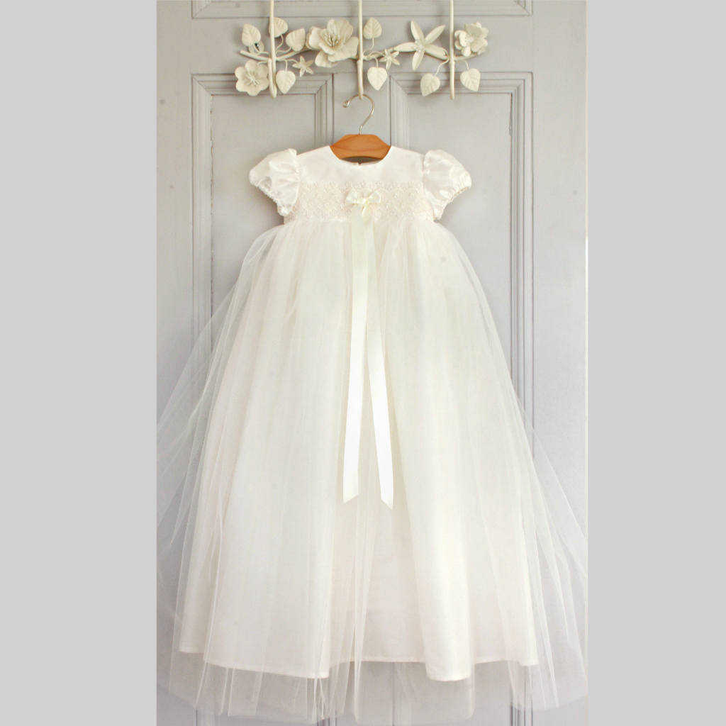 Princess First Communion Gown For Baby O Neck Tulle Christening Dresses For Newborns Short Sleeve Appliques Bow Kid Formal Wear Baptism Dress