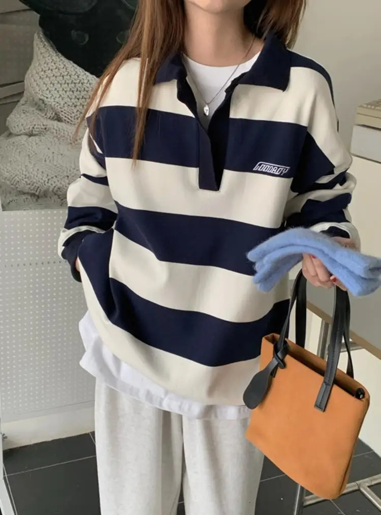 Harajuku Striped Sweatshirt Women Korean Style Preppy Pullover Female Fashion Polo Sweatshirt Ladies Casual Long Sleeve Top 240806