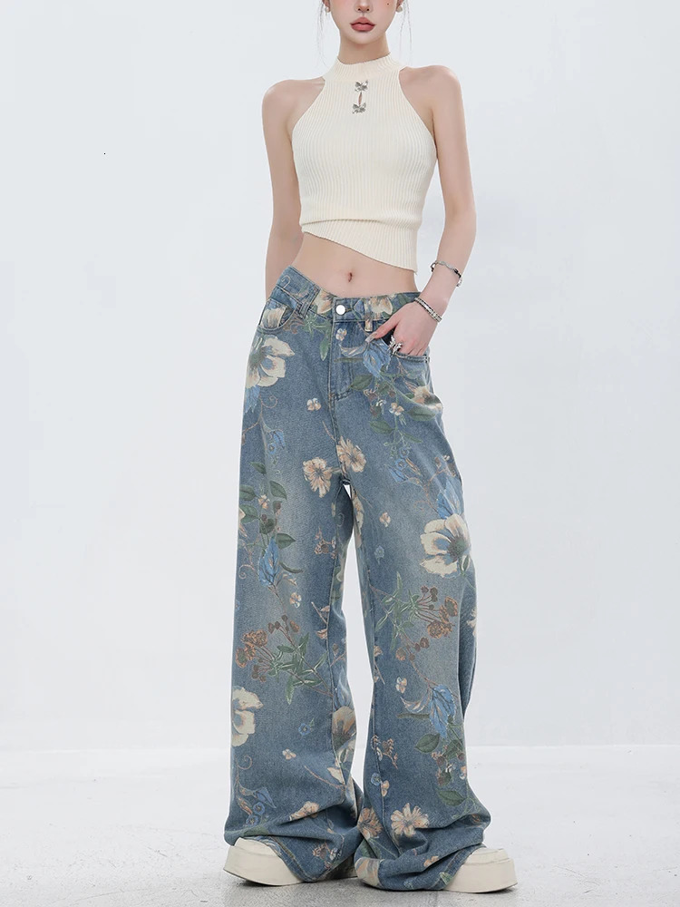 Fashion Printed Jeans Retro Floral Denim Mopping Trousers Korean Style High Street Loose Hip Hop Wide-leg Jean Pants 240806