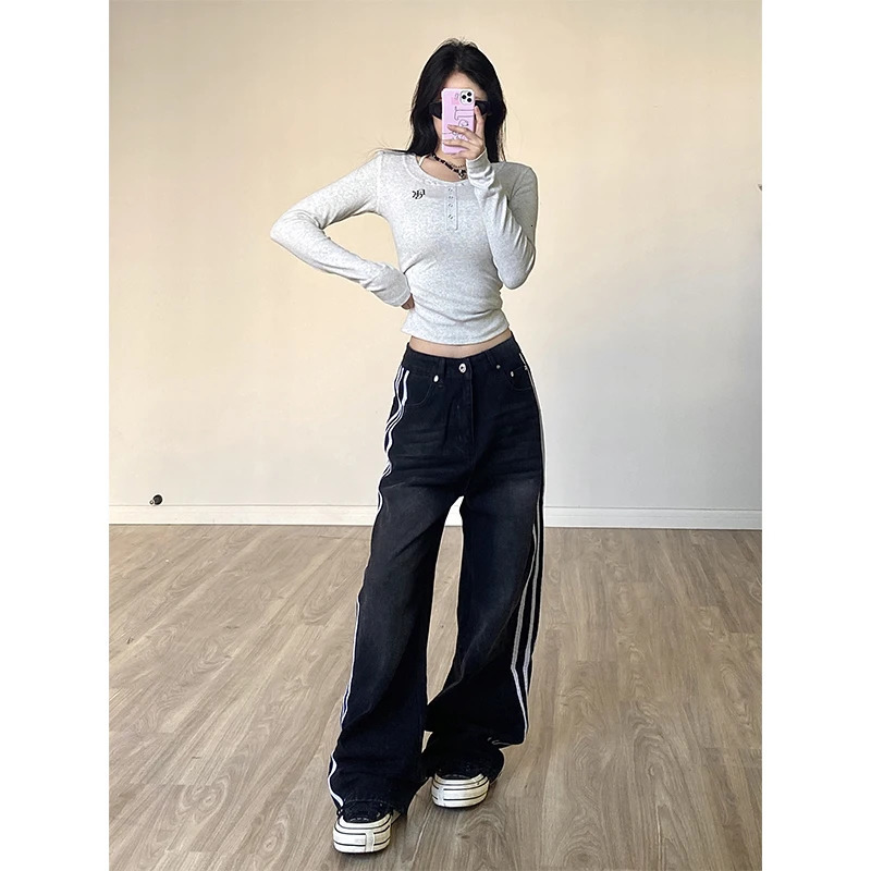 Women Black Gothic Baggy Jeans Vintage Korean Oversize High Waist Cowboy Pants Harajuku Wide Denim Trouser 90s Y2k 2000s Clothes 240806