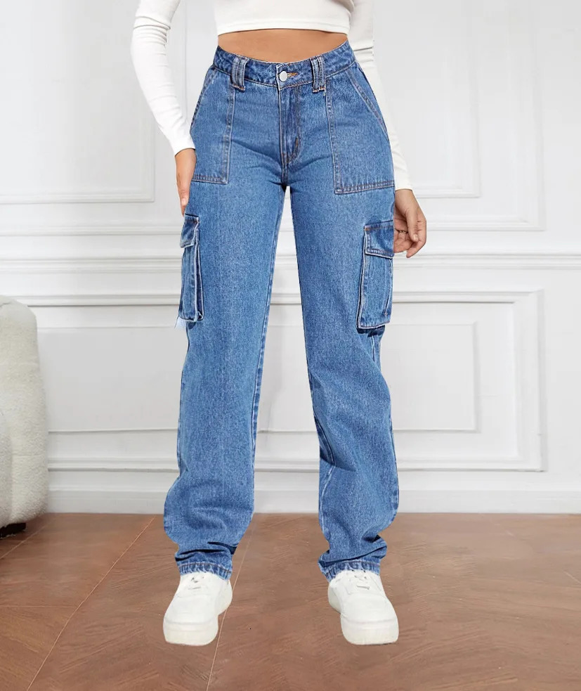 Blue Autumn Cargo Jeans Women High Waist Button Pocket Loose Denim Pants High Quality Fashion Female Cowboy Trousers 240806