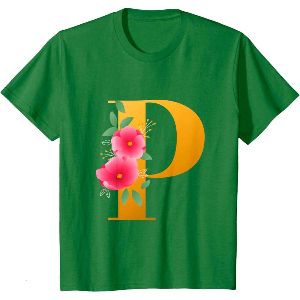 T shirt Mens Floral Alphabet Cute Initial Monogram Letter P Graphic T-Shirt shirts tshirt graphic tee Casual tops summer clothes Short sleeve Free shi