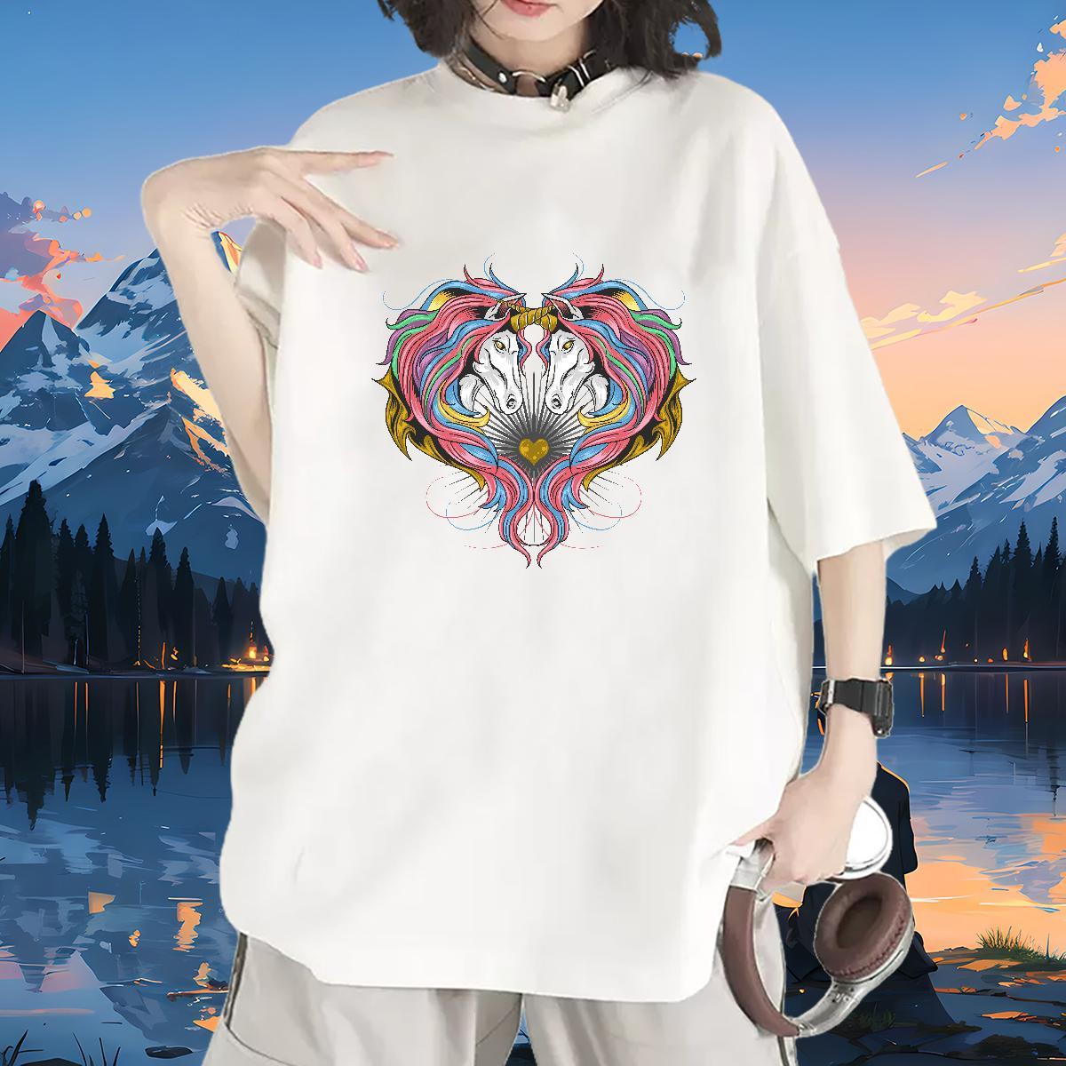 Loose Women T Shirts Breathable Crew Neck Women Tshirts DIY Anime Printed horse Street Wear 230g 100% Cotton Factory Direct Clothes Shirt