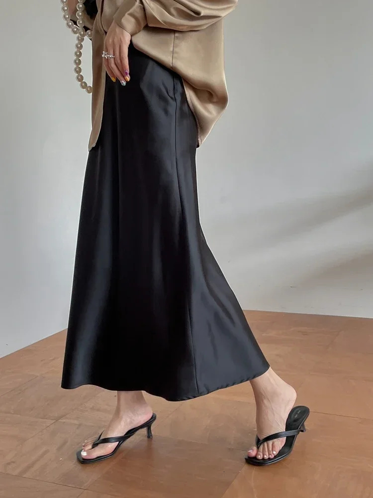 Silk Satin Skirts for Women Korean Style Champagne Office High Waist A-line Skirt Fashion Elegant Solid Long Pencil Skirt 240806