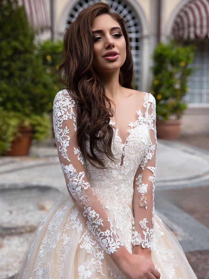 Stunning Arabic Dubai Illusion Ball Gown Wedding Dresses Long Sleeves Princess Bridal Gowns Pleat Plus Size Wedding Gowns for Brides Vestido De Novia