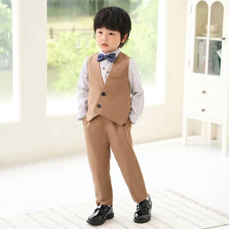 Suits Childrens Brown Formal Suit Set Spring Autumn Korean Boys Performance C Photography Host Wedding Dress Kids Blazer Vest Pants
