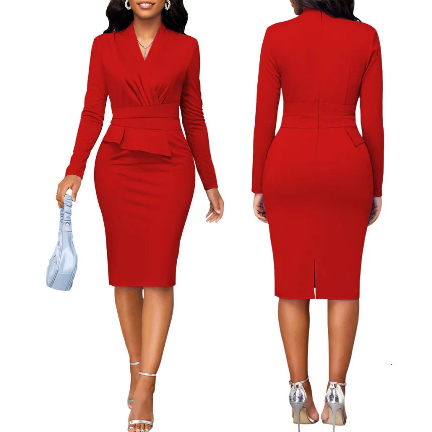 Red Dresses Casual V Neck Short Sleeve Slim Midi Dress Black High Quality Lady Bodycon Office Work Dresses Women Professional 240806