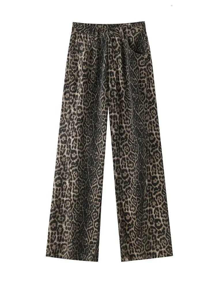 Leopard Print Jeans for Women American Retro Y2k Fashion Straight Wide Leg High Waisted Denim Pants Oversized Hip Hop Jeans 240806