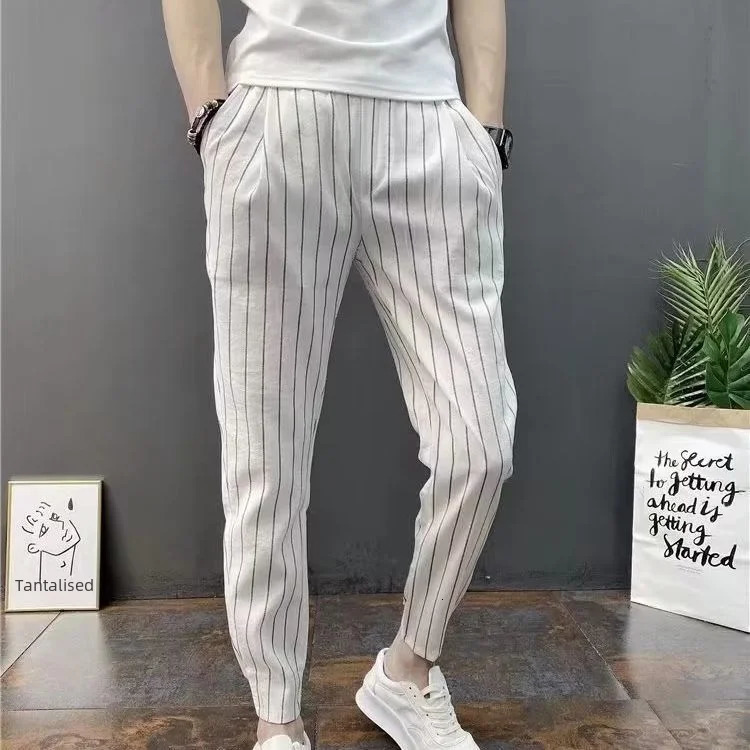 Mens Slimming Striped Casual Cropped Pants Autumn Style Tapered Trousers Fashionable Internet Celebrity 240806