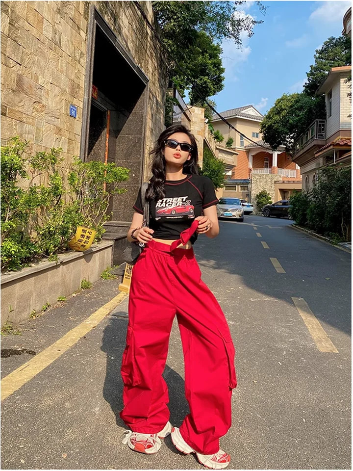 Casual Red Color Women Y2k Street Hip Hop Sweatpants Oversized Trousers Vibe Dance Jazz Long Baggy Cargo Pants Womens Clothing 240806