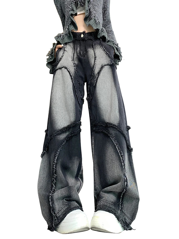 Retro Y2K Casual Ripped Dark Grey Jeans Baggy Women High Waist Wide Leg Trousers Harajuku Washed Denim Cargo Pants Fashion 240806