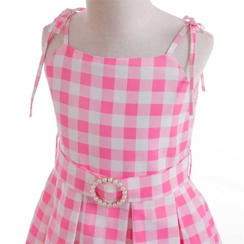 2024 New Movie Costume Girl Role Play Pink Checkered Dress Childrens Summer Sleeveless Dress Childrens Party Clothing 3-10 YearsW240720