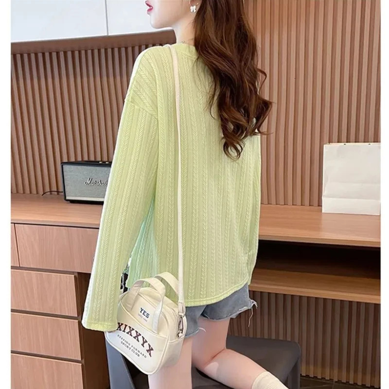 Autumn Irregular Loose Slit Womens Spliced O-Neck Letter Fashion Minimalist Casual Versatile Long Sleeved T-shirt Tops 240806