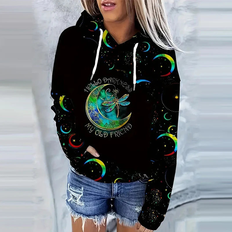 Moon Print Kangaroo Pocket Hoodie Casual Long Sleeve Drawstring Hoodies Sweatshirt Womens Clothing 240806