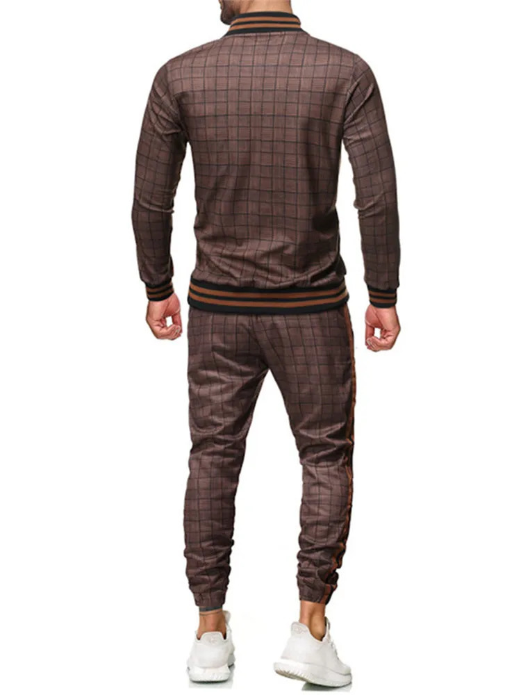 American Mens suits autumn leisure fiess sportswear long-sleeved zip-up large-size grid clothing 240806