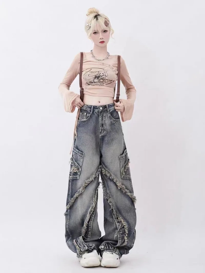 American High Street Washed Raw Edge Stitching Jeans Women Autumn and Winter Y2KINS High-End Trend Loose Slim Wide-Leg Pants 240806