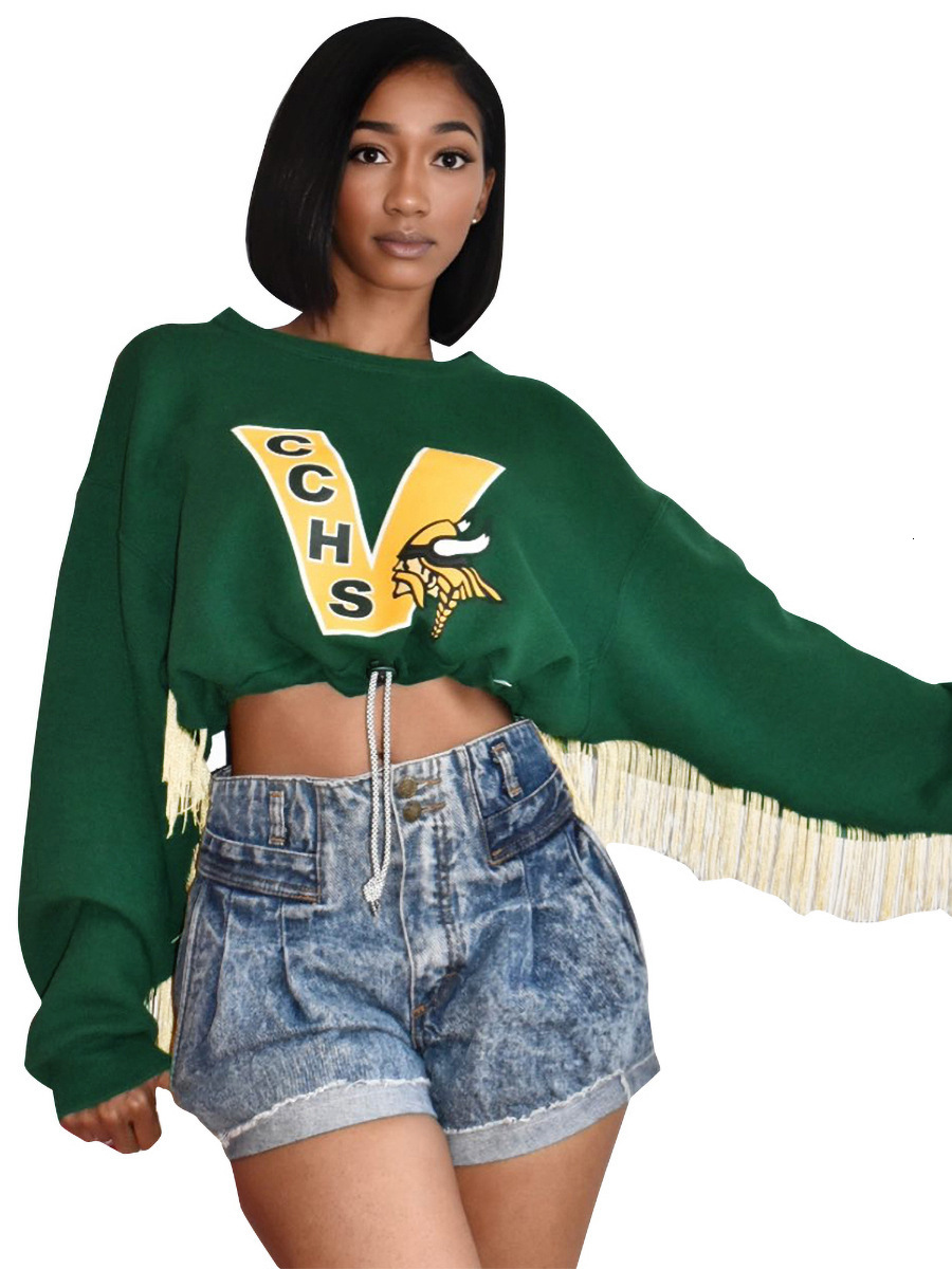 Women's autumn and winter new round neck long sleeved letter printed drawstring waist cinching short tassel sweatshirt